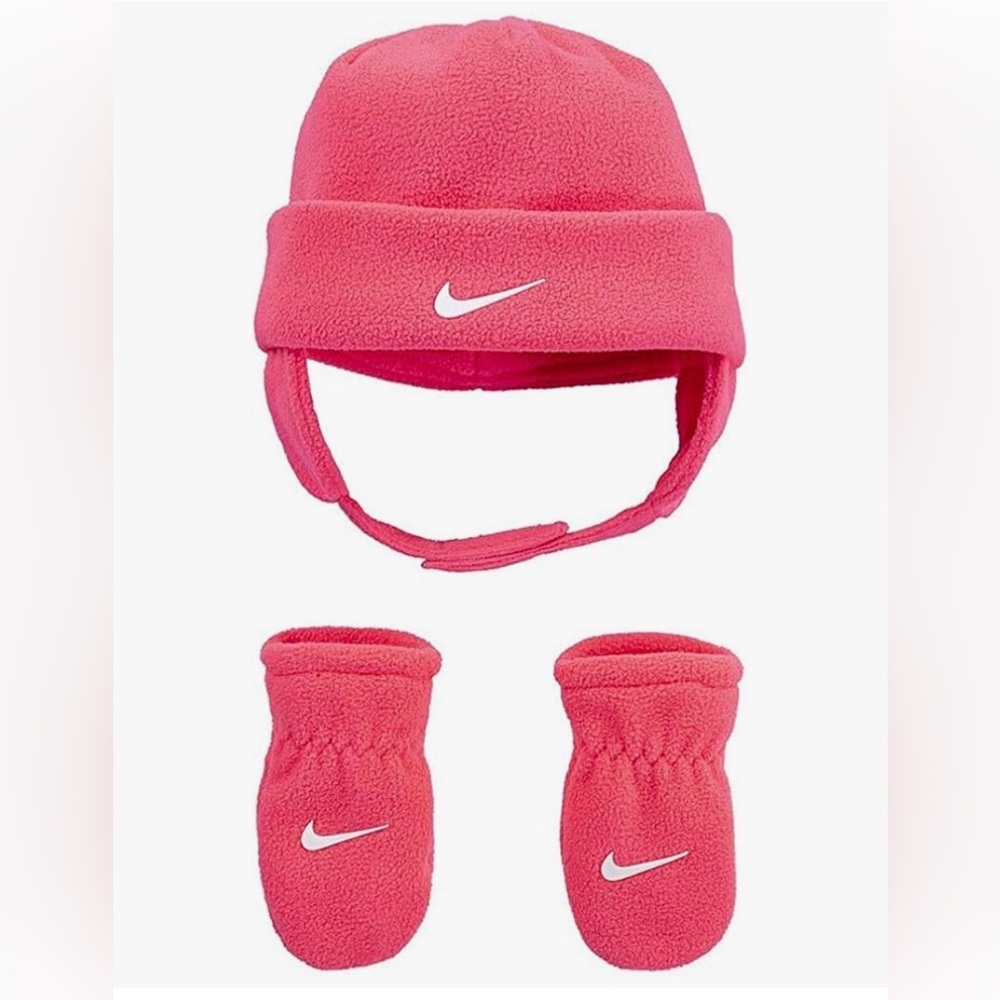 Nike Baby Fleece Chin Strap Trapper Hat & Mittens Set - Racer Pink